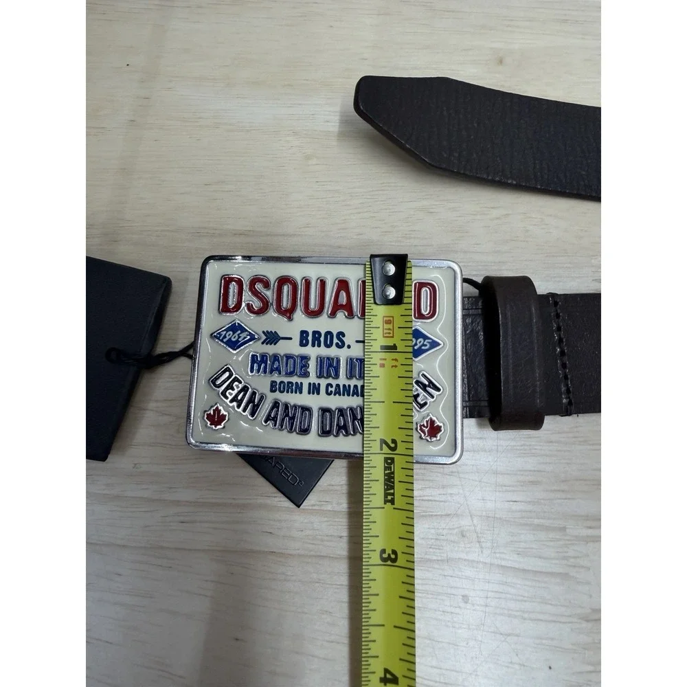 DSQUARED2 Men's Large Caten Brothers Brown Leather Belt with Logo Buckle - New